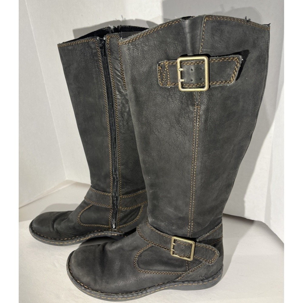 B O C by Born Black Pebbled Leather Moto Buckle Knee High Tall Zipper Boots 7 - Picture 2 of 9
